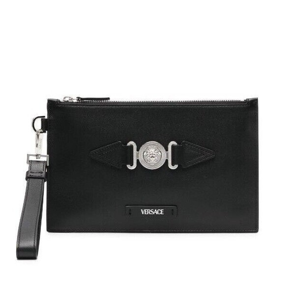 Vesace Men Medusa Black Leather Silver Biggie Clutch Pouch Small Bag NWT $775 - Picture 1 of 12